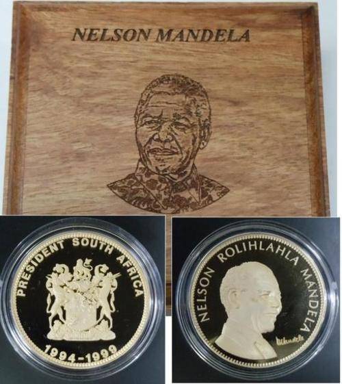 ORIGINAL MANDELA SIGNED 24KT GOLD PLATED "SA COAT OF ARMS" MEDAL + PRINTED SOLID WOODEN BOX